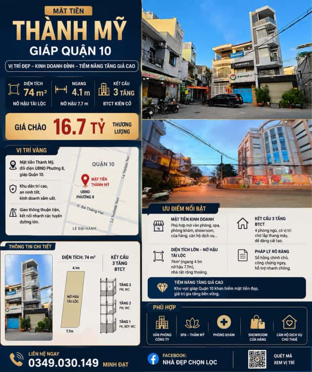 Bán nhà mặt tiền Thành Mỹ Quận 10, TP.HCM – 4 phòng ngủ, giá 16.7 tỷ