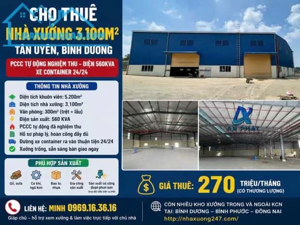 Cho thuê kho, nhà xưởng Đường CN2 Thị xã Tân Uyên, Bình Dương – giá 270 triệu