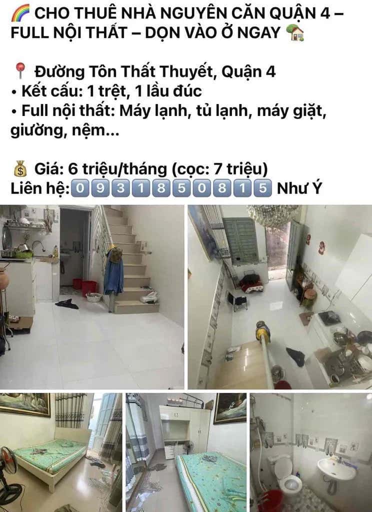Cho thuê nhà hẻm Đường Đoàn Văn Bơ Quận 4, TP.HCM – giá 10 triệu