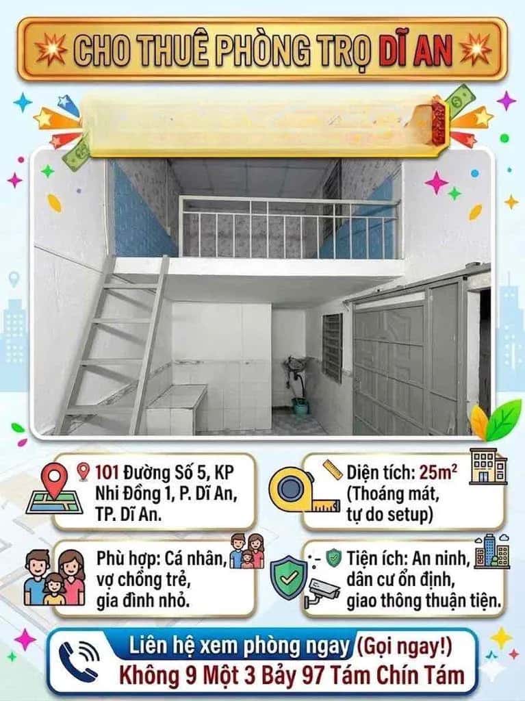 Cho thuê phòng trọ Đường V Thành phố Dĩ An, TP.HCM – giá 1.3 triệu