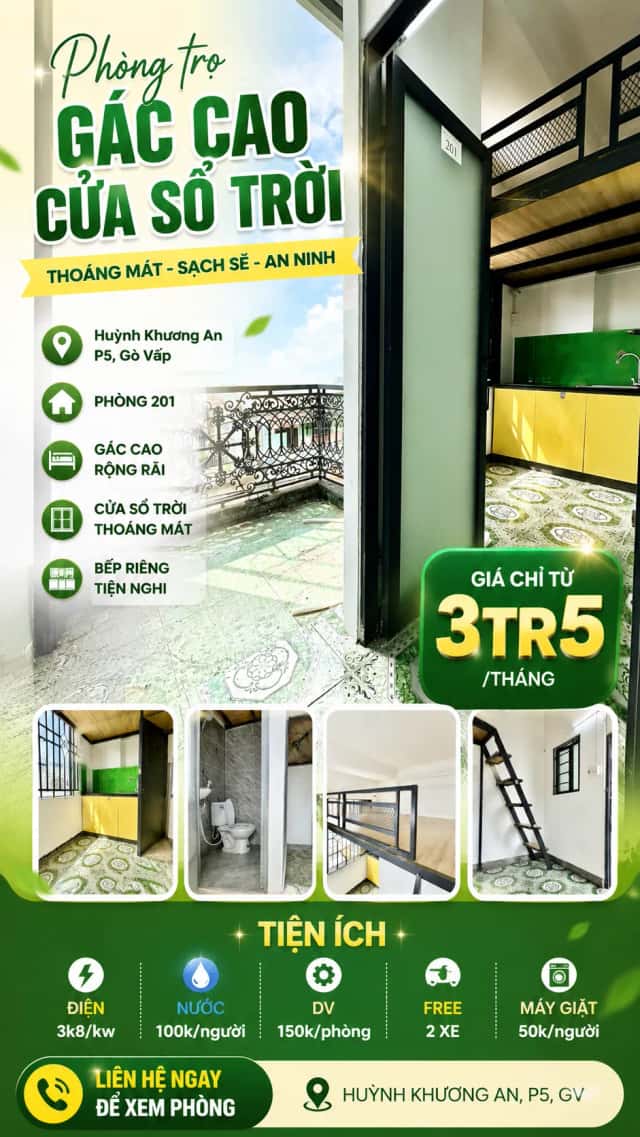 Cho thuê phòng trọ Huỳnh Khương An An Nhơn, TP.HCM – 1 phòng ngủ, giá 1.4 triệu