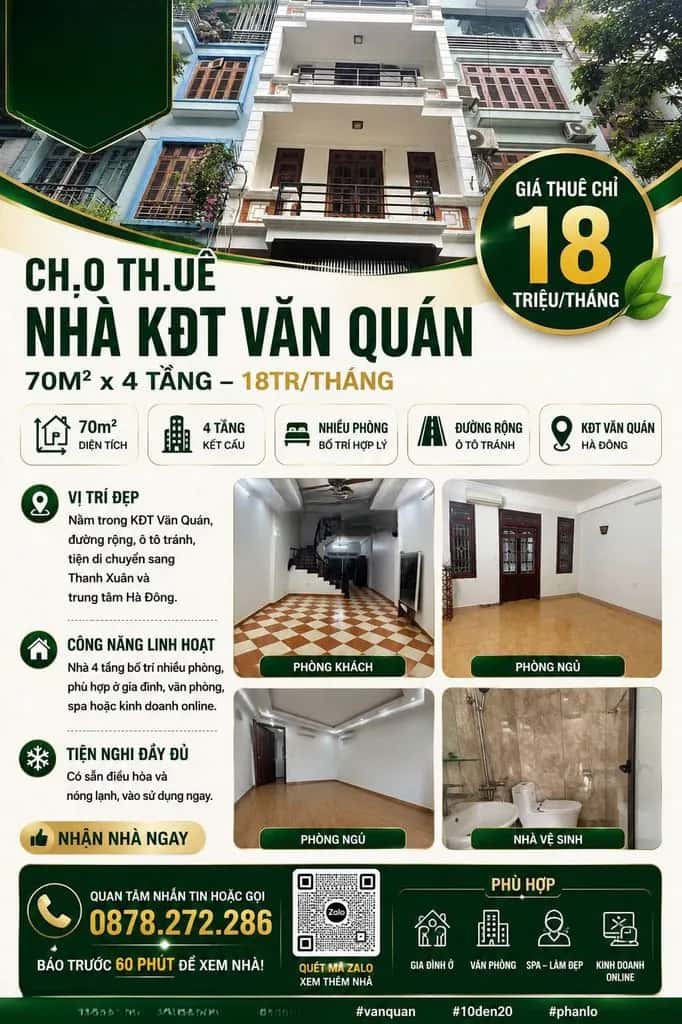 Cho thuê nhà hẻm Tháp B Hà Đông, Hà Nội – 5 phòng ngủ, giá 18 triệu