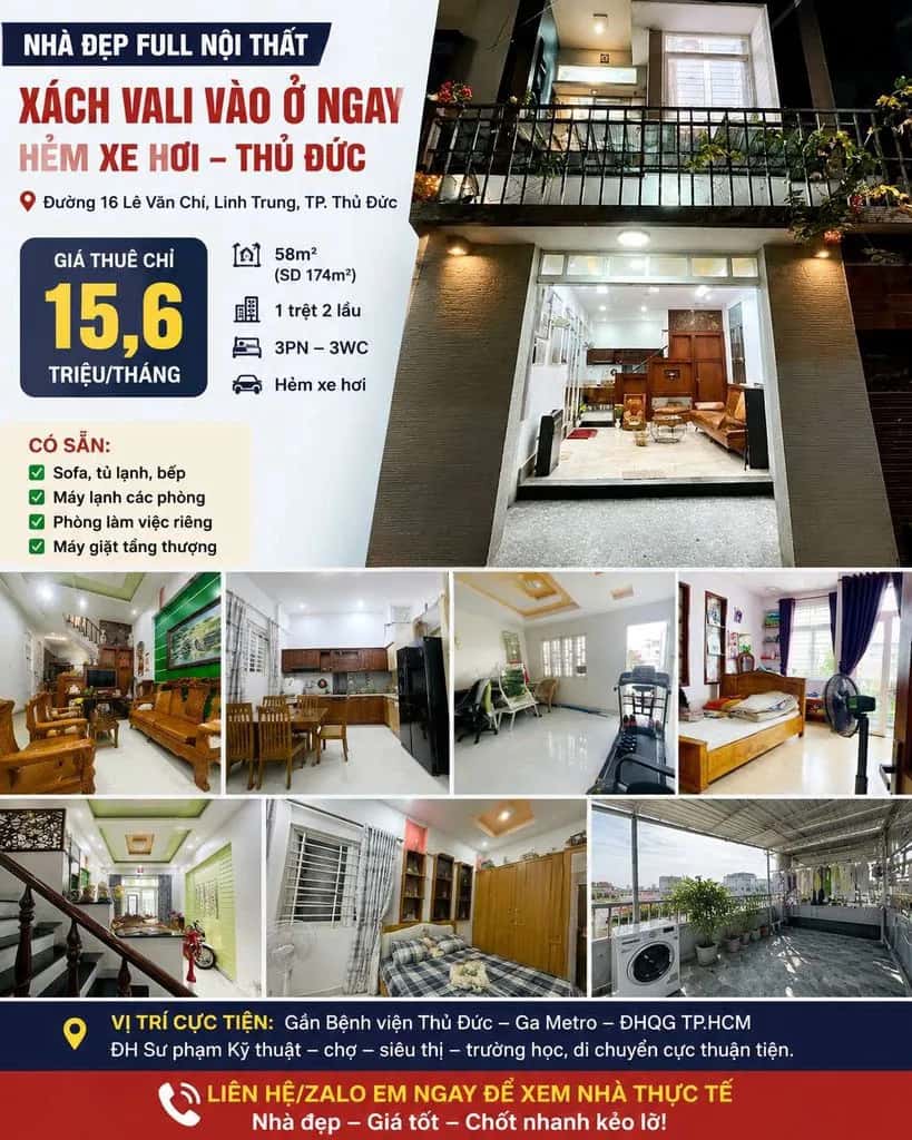 Cho thuê nhà hẻm Đường Số 16 Thủ Đức, TP.HCM – 3 phòng ngủ, giá 15.6 triệu