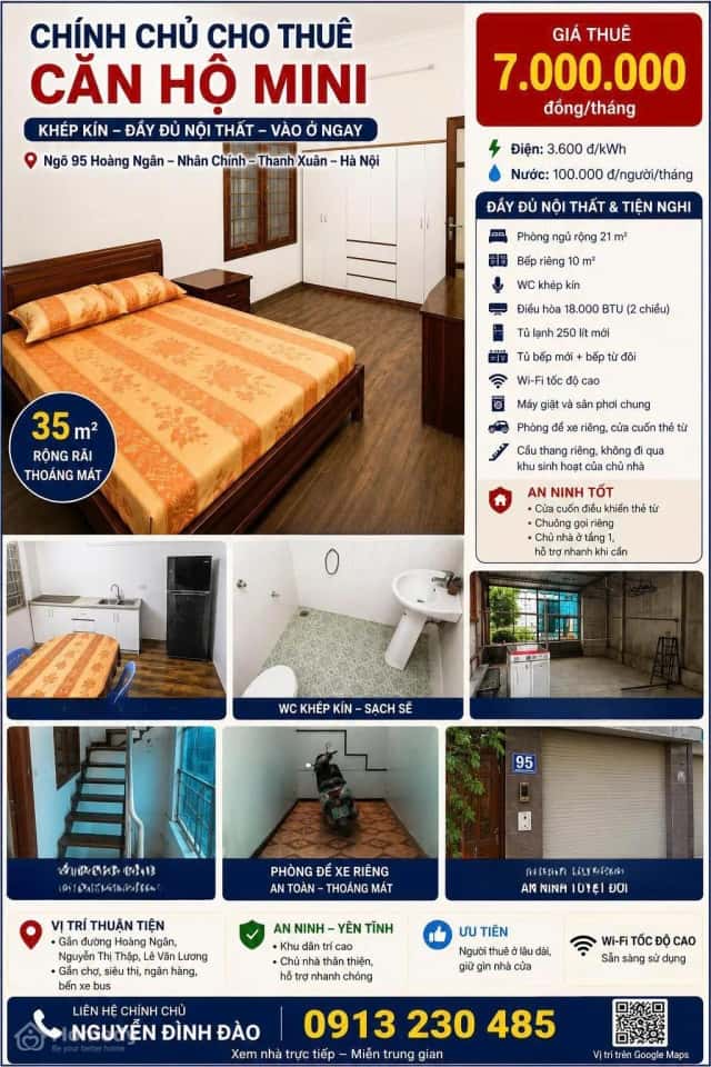Cho thuê căn hộ chung cư Phố Hoàng Ngân Thanh Xuân, Hà Nội – 1 phòng ngủ, giá 7 triệu