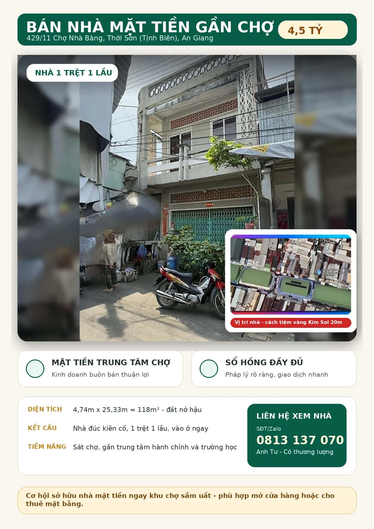 Bán nhà hẻm Chợ Nhà Bàng Thị xã Tịnh Biên, An Giang – 2 phòng ngủ, giá 4.5 tỷ