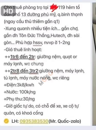 Cho thuê phòng trọ Đường Phú Mỹ Quận Bình Thạnh, TP.HCM – giá 1.6 triệu