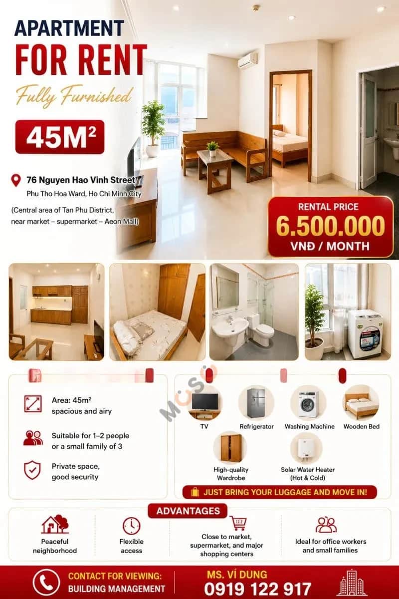 Cho thuê căn hộ chung cư Nguyễn Háo Vĩnh Tân Phú, TP.HCM – 1 phòng ngủ, giá 6.5 triệu