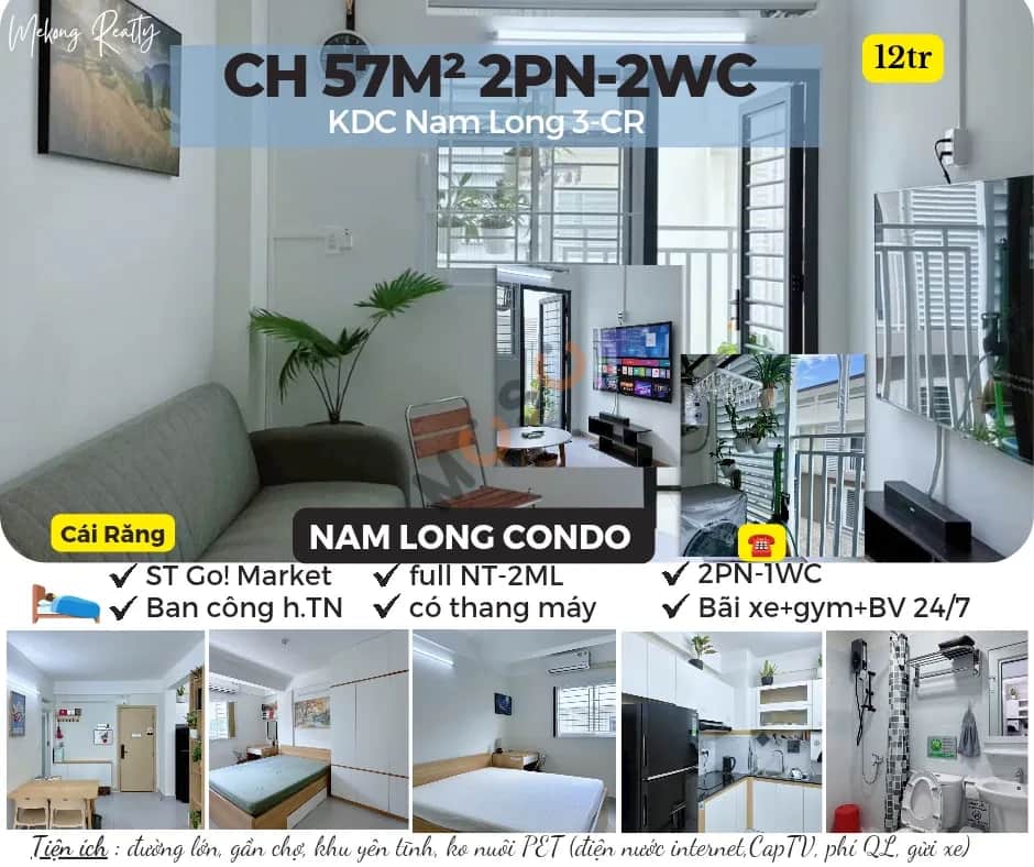 Cho thuê căn hộ chung cư Nam Long 2 Quận Cái Răng, TP. Cần Thơ – 2 phòng ngủ, giá 12 triệu