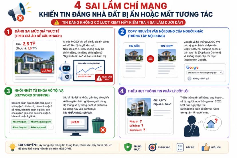 4 Sai lầm chí mạng khiến tin đăng nhà đất bị ẩn hoặc mất tương tác