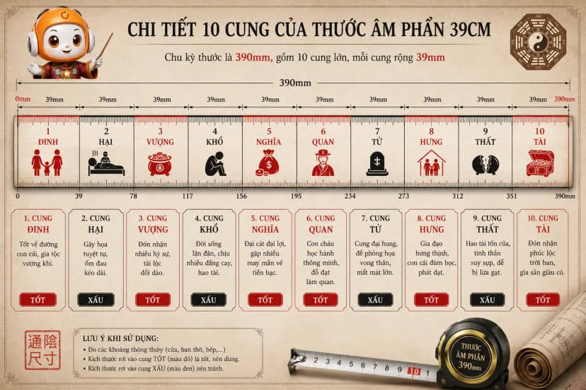 Chi tiết 10 cung của Thước Âm Phần 39cm lỗ ban