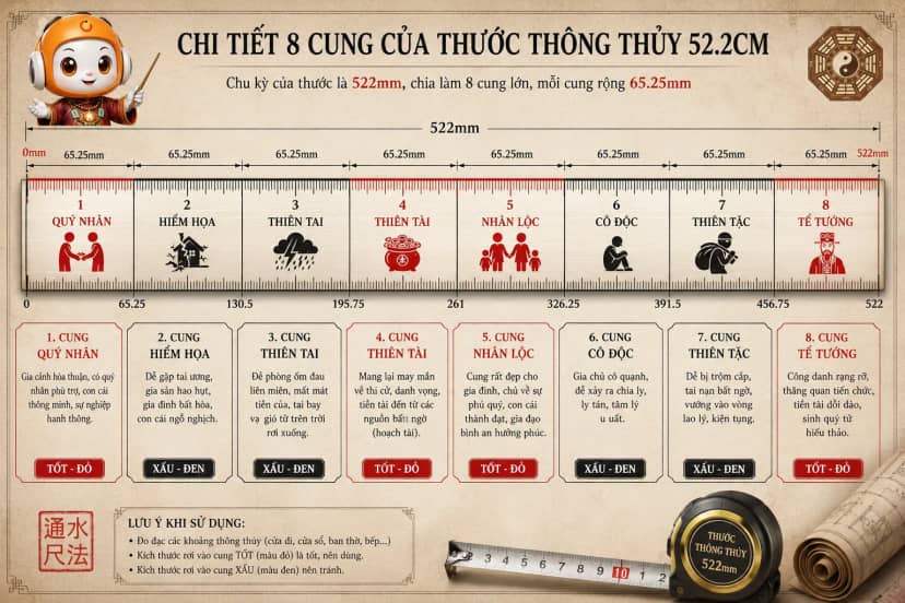 Chi tiết 8 cung của Thước Thông Thủy 52.2cm lỗ ban