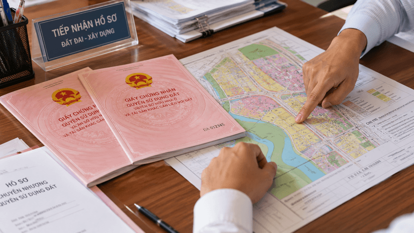 Người dân đối chiếu bản đồ quy hoạch với sổ hồng hai thửa đất tại bộ phận Một cửa