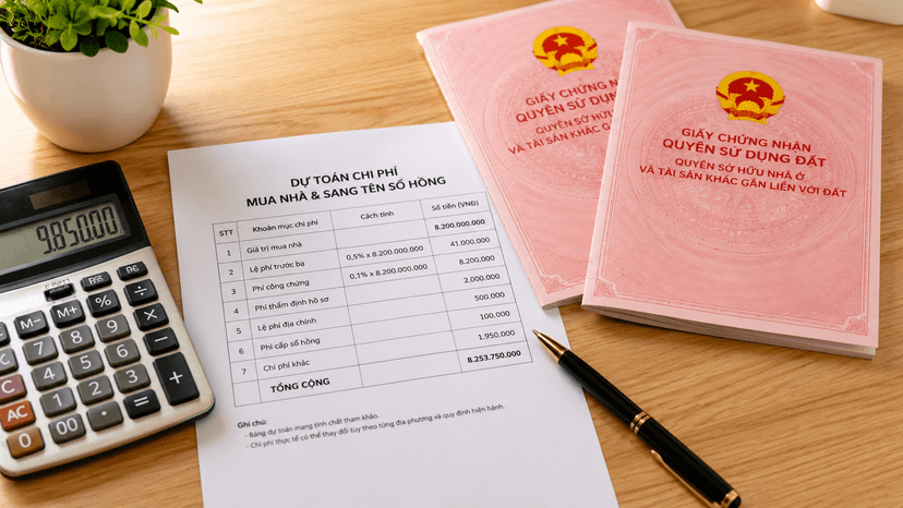 Bảng tính chi phí hợp thửa đặt cạnh máy tính cầm tay và sổ hồng