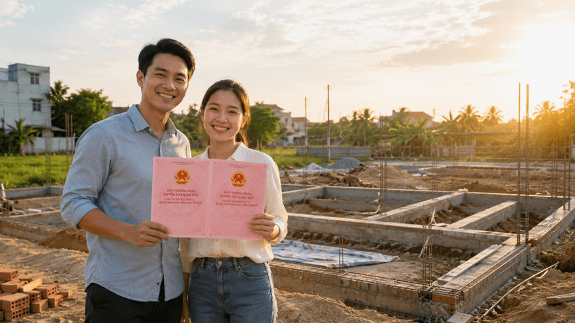 Gia đình trẻ nhận sổ hồng mới của thửa đất đã hợp thửa trước ngôi nhà đang xây