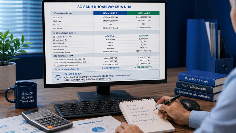 Bảng tính khoản vay mua nhà với hai kịch bản lãi suất ưu đãi và thả nổi