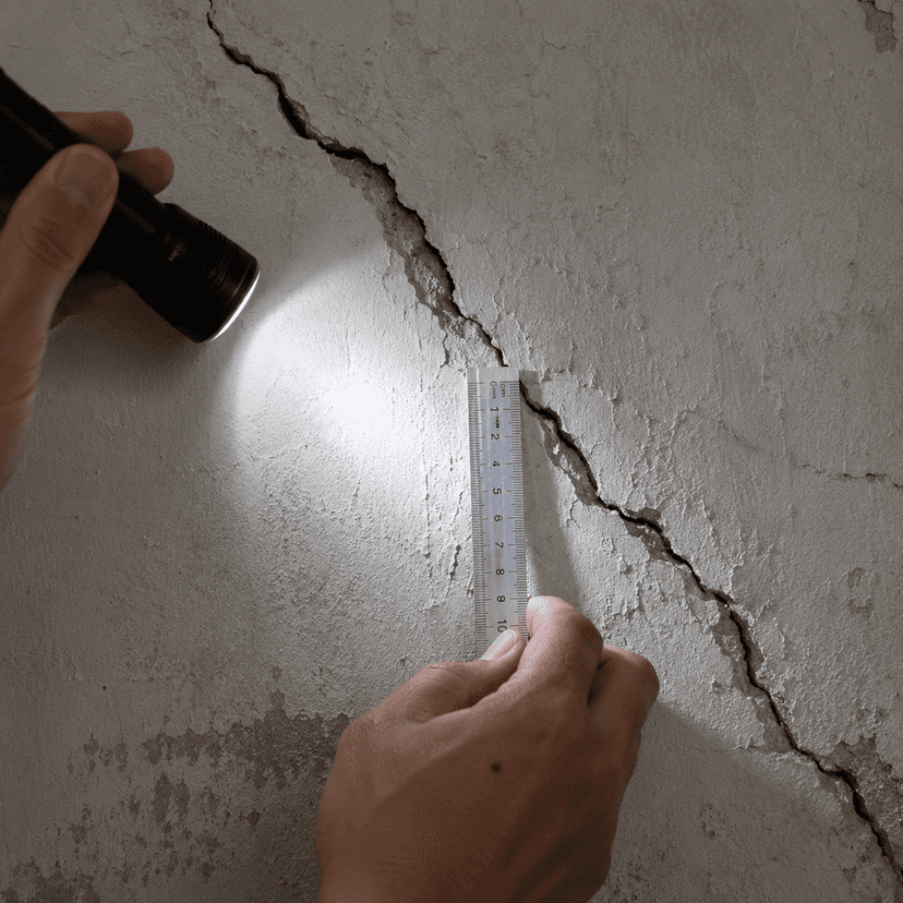 Cận cảnh vết nứt chéo trên tường khi kiểm tra chất lượng nhà cũ