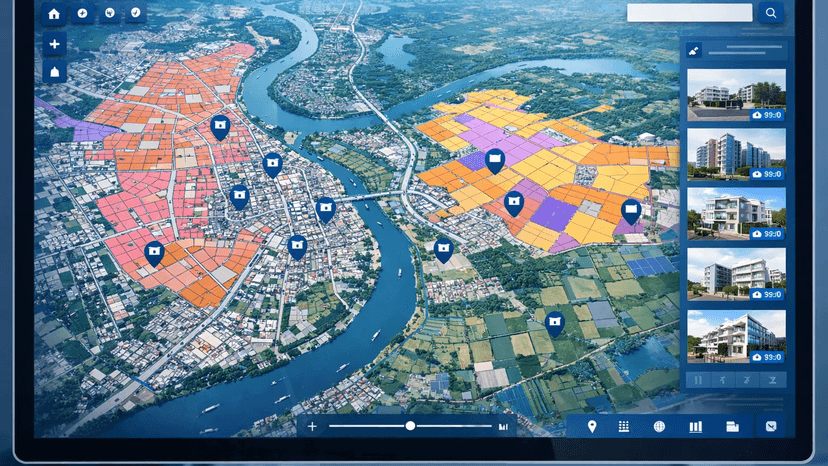 Giao diện AI Proptech MOSO hiển thị bản đồ quy hoạch và định vị GPS thửa đất thực tế tại Hà Nội
