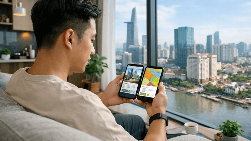 Người dùng thao tác tra cứu giá & quy hoạch nhà đất trên ứng dụng MOSO tại quận 7