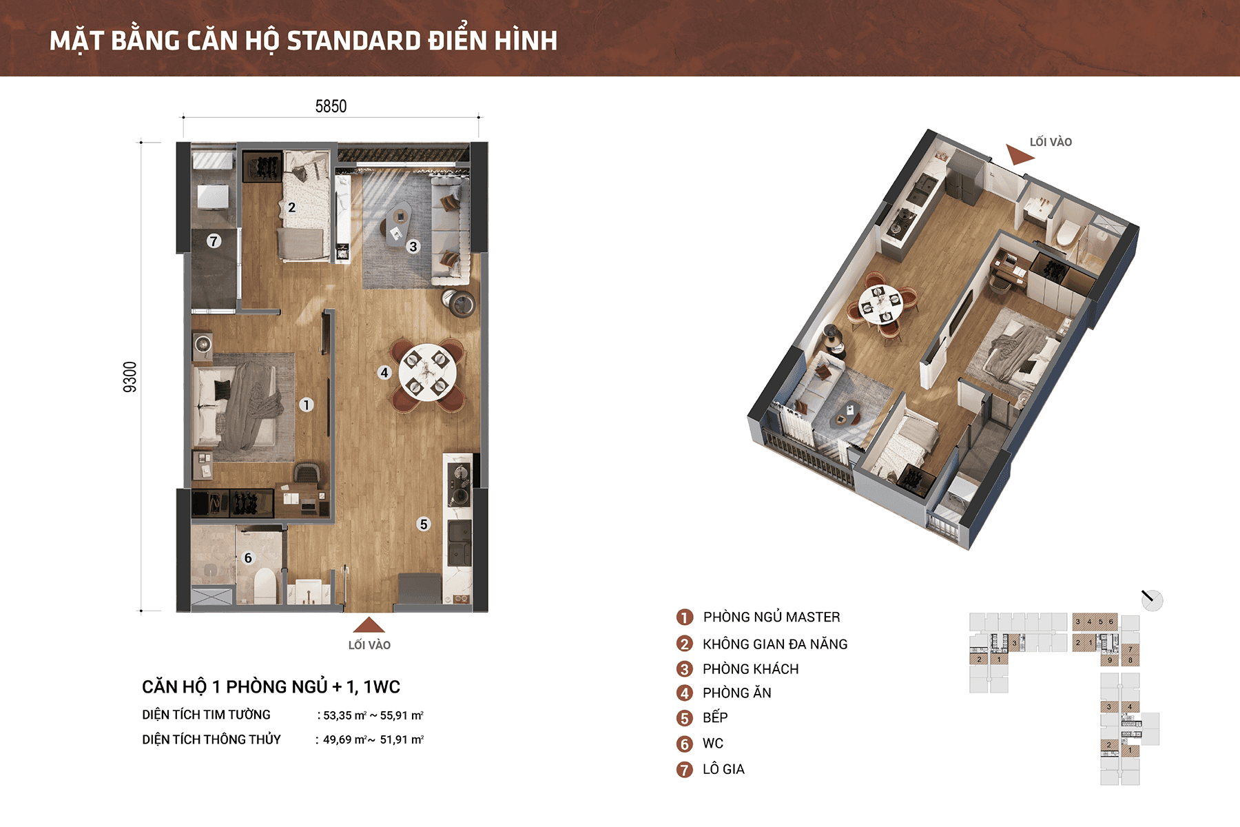 Mặt bằng căn hộ 1PN + 1WC