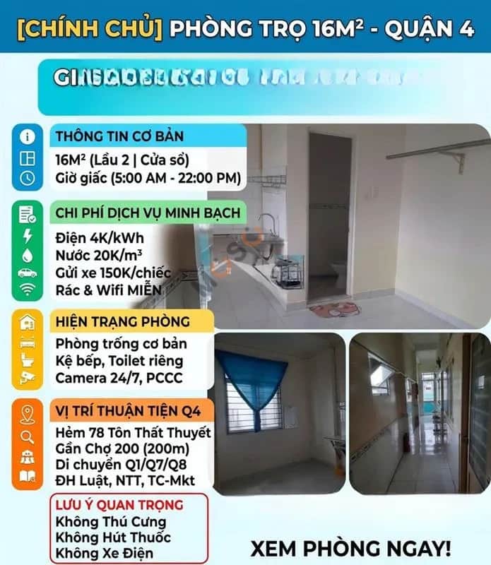 Cho thuê phòng trọ Đường Tôn Thất Thuyết Quận 4, TP.HCM – 1 phòng ngủ, giá 2.2 triệu Cho thuê phòng trọ Đường Tôn Thất Thuyết Quận 4, TP.HCM – 1 phòng ngủ, giá 2.2 triệu