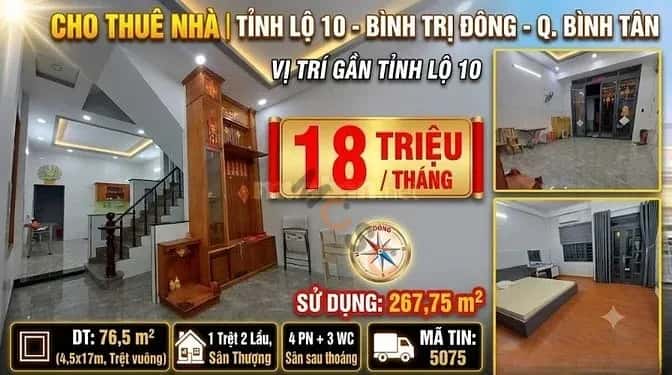 Cho thuê nhà hẻm Đường Tỉnh Lộ 10 Quận Bình Tân, TP.HCM – 4 phòng ngủ, giá 18 triệu Cho thuê nhà hẻm Đường Tỉnh Lộ 10 Quận Bình Tân, TP.HCM – 4 phòng ngủ, giá 18 triệu