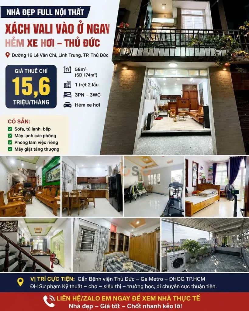 Cho thuê nhà hẻm Đường Số 16 Thủ Đức, TP.HCM – 3 phòng ngủ, giá 15.6 triệu