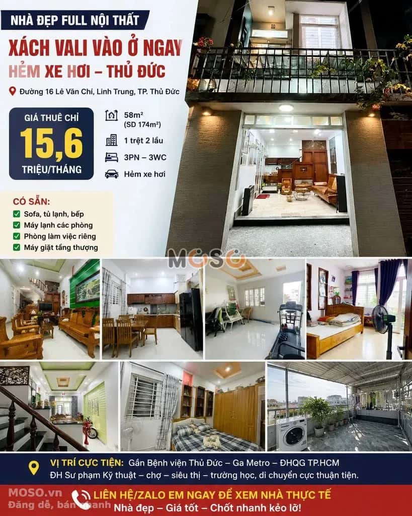 Cho thuê nhà hẻm Đường Số 16 Thủ Đức, TP.HCM – 3 phòng ngủ, giá 15.6 triệu - ảnh 1