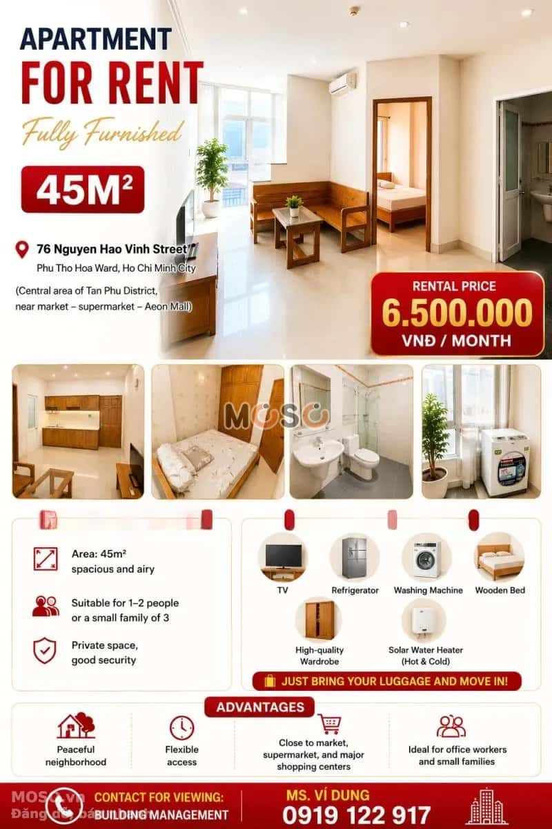 Cho thuê căn hộ chung cư Nguyễn Háo Vĩnh Tân Phú, TP.HCM – 1 phòng ngủ, giá 6.5 triệu - ảnh 1