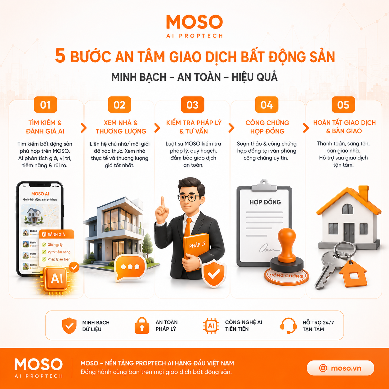 Sơ đồ 5 bước phương án lai — AI sàng lọc, thực địa, luật sư chốt pháp lý, công chứng