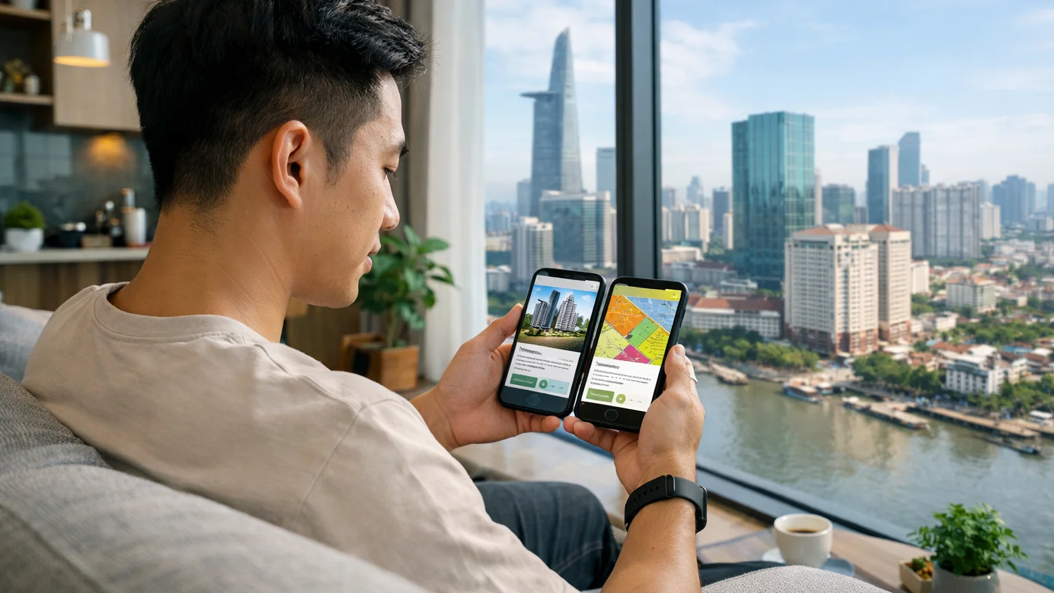 Người dùng thao tác tra cứu giá & quy hoạch nhà đất trên ứng dụng MOSO tại quận 7