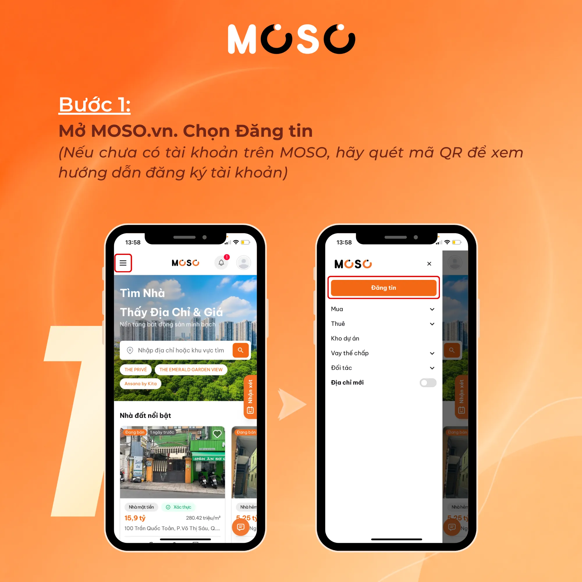 Bước 1: Mở MOSO.vn và chọn đăng tin Bước 1: Mở MOSO.vn và chọn đăng tin