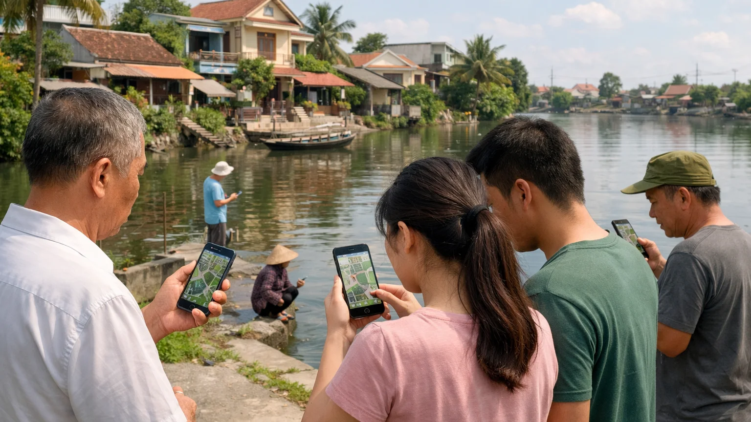 Người dân Nhà Bè kiểm tra quy hoạch đất trên điện thoại thông minh