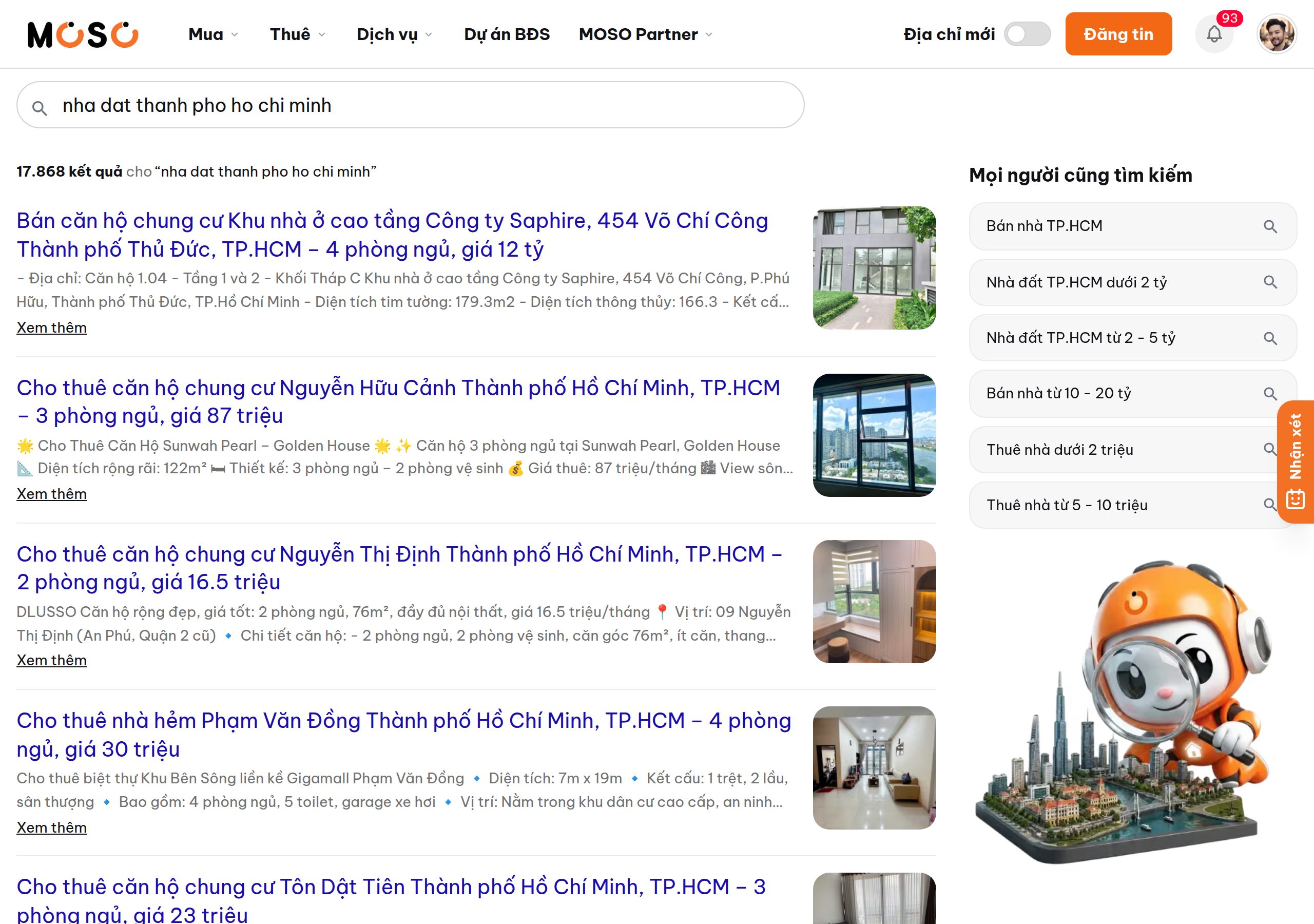 Kết quả tìm kiếm bằng câu lệnh tự nhiên và gợi ý liên quan trên MOSO