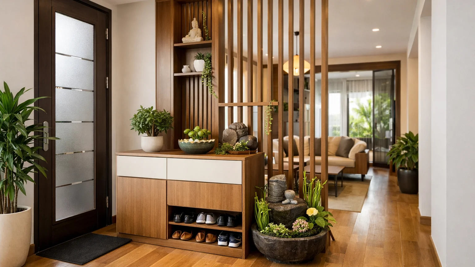 Huyền quan nhà phố hiện đại tại TP.HCM với cây xanh và tủ giày