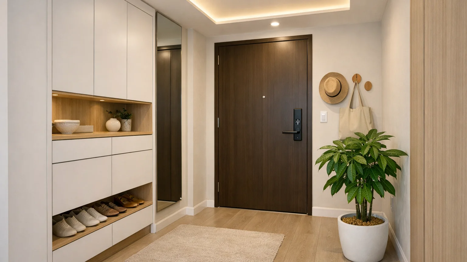 Huyền quan chung cư nhỏ tại TP.HCM với đèn led và cây xanh hợp phong thủy