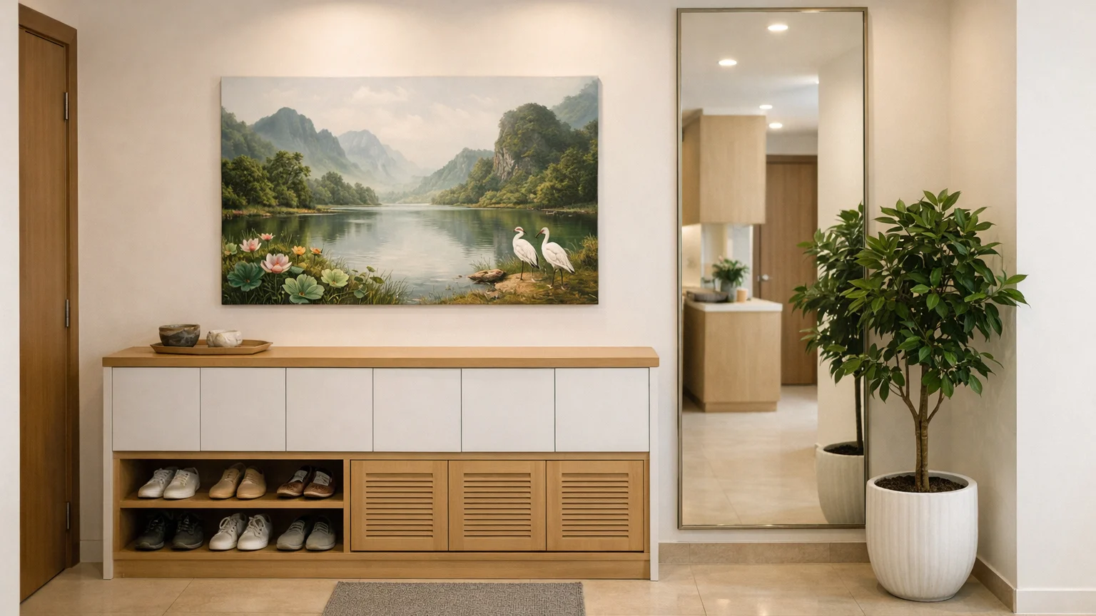 Huyền quan căn hộ chung cư hiện đại, bày gương và tủ giày hợp phong thủy