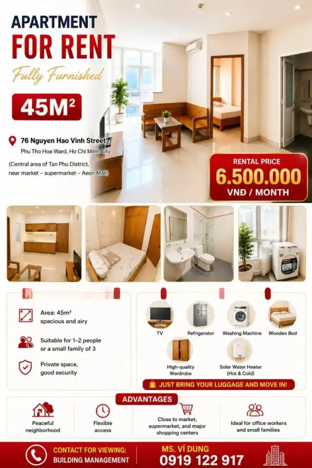 Cho thuê căn hộ chung cư Nguyễn Háo Vĩnh Tân Phú, TP.HCM – 1 phòng ngủ, giá 6.5 triệu